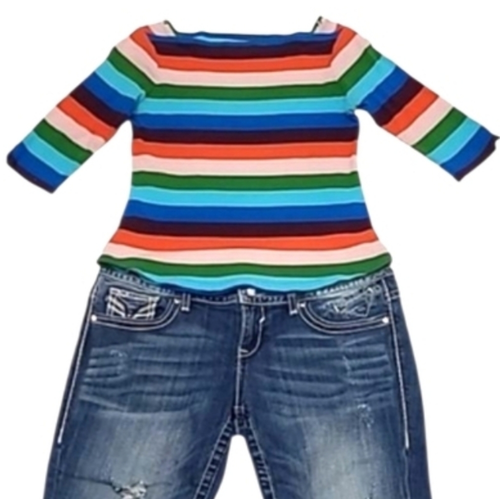 Westbound Striped Retro Fitted Blouse 3/4 Sleeve Stretchy Boat Neck Scooped Hem